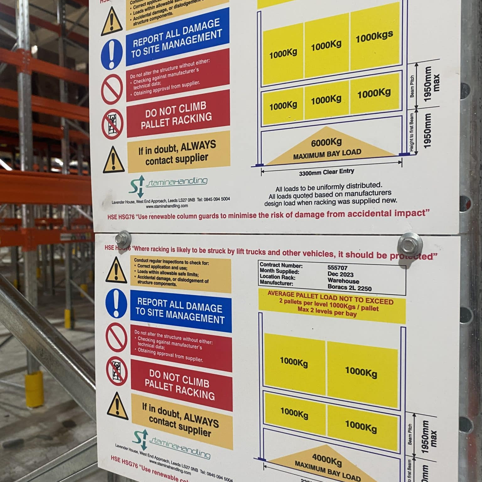 A load notice sign to show the weight capacity of the racking